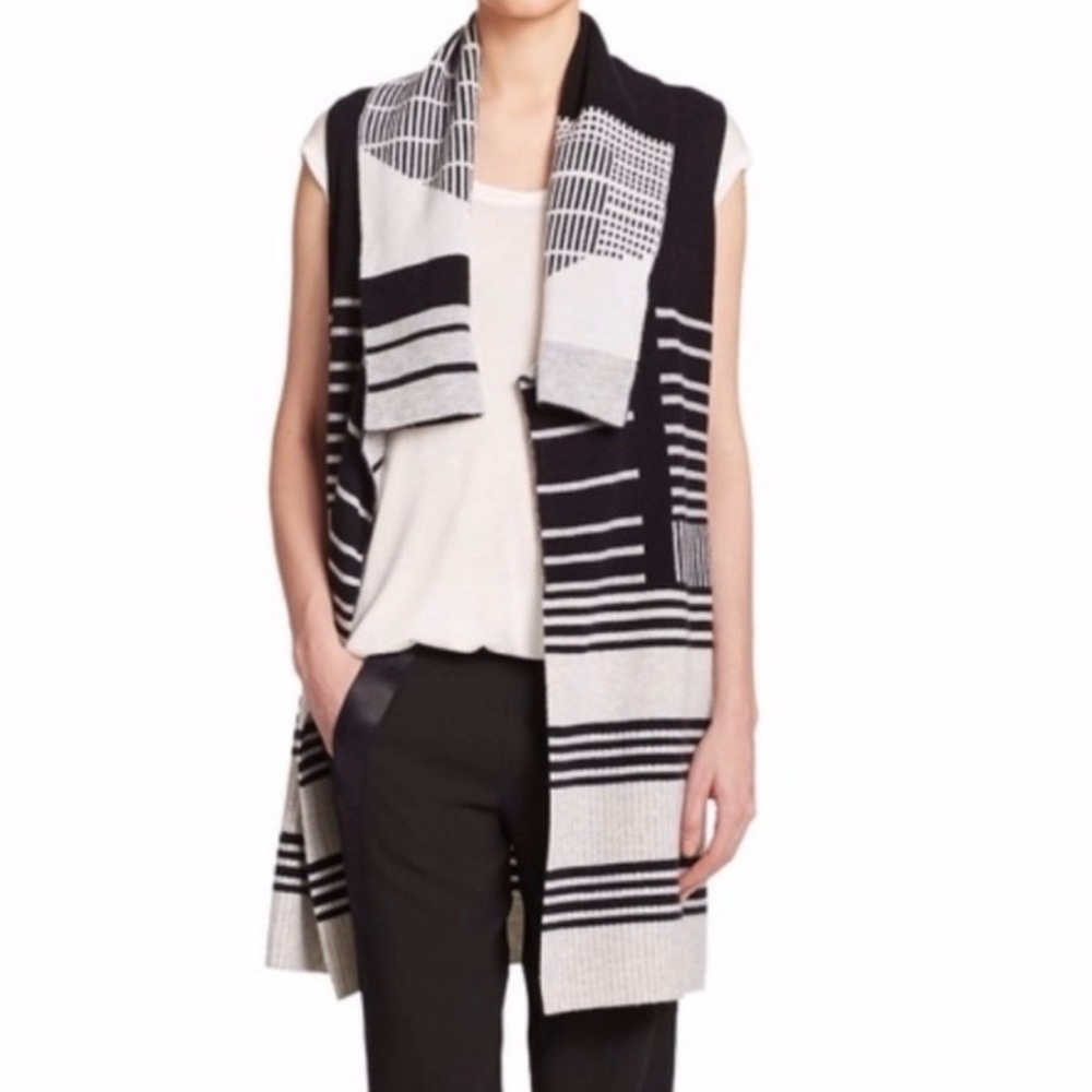 EUC VINCE szL black/gray striped long wool/cashmere blend cardigan vest…